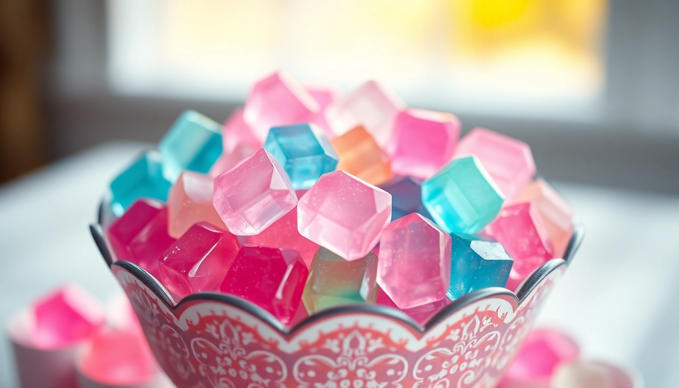 Indulge in crystal candy that sparkles in vibrant colors and glossy textures, perfect for a sweet treat.