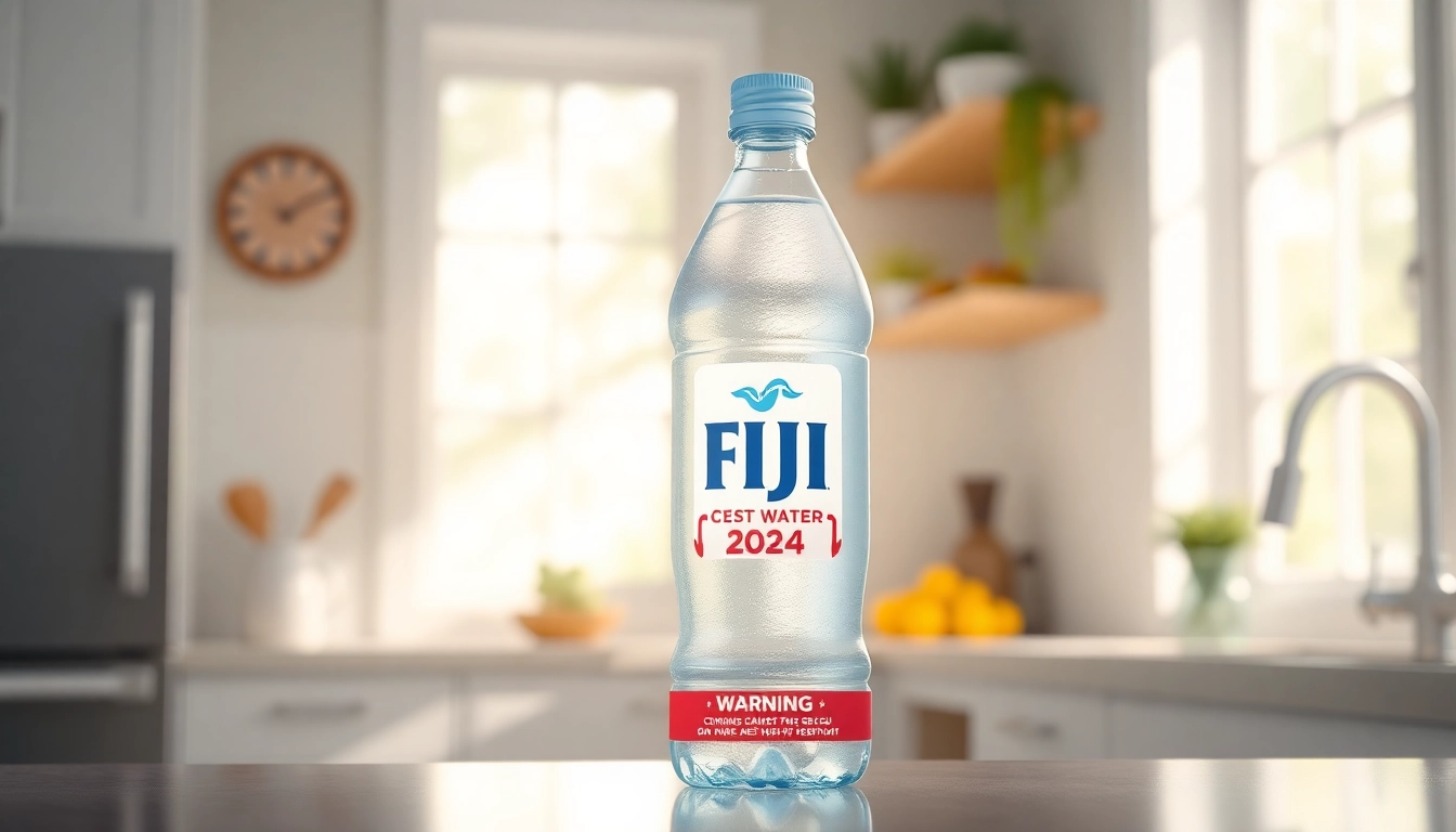 Highlighting the ongoing fiji water recall 2024, a bottle displays a caution label in a well-lit kitchen.