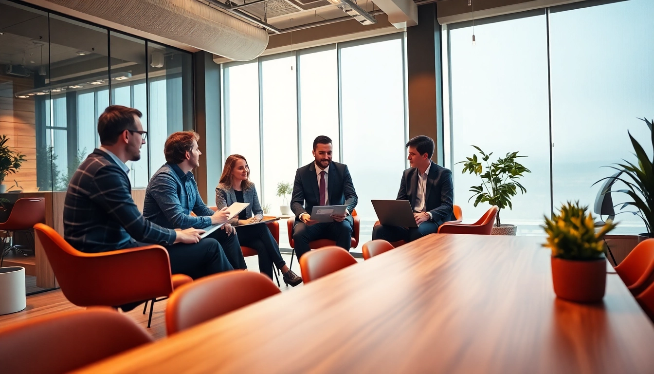 Discussing strategies for Polonya'da Şirket Açmak in a modern office environment.