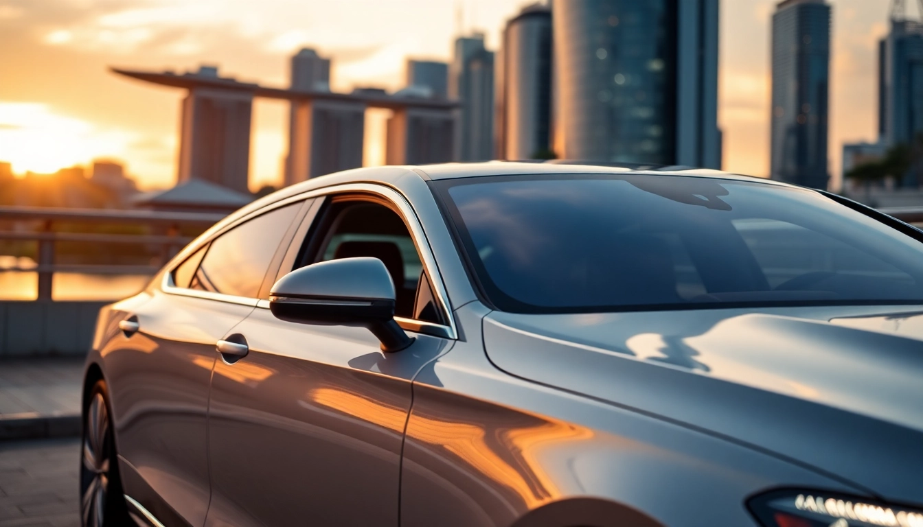 Experience cheap car rental with driver Singapore featuring a luxury car and professional chauffeur in a stunning urban setting.