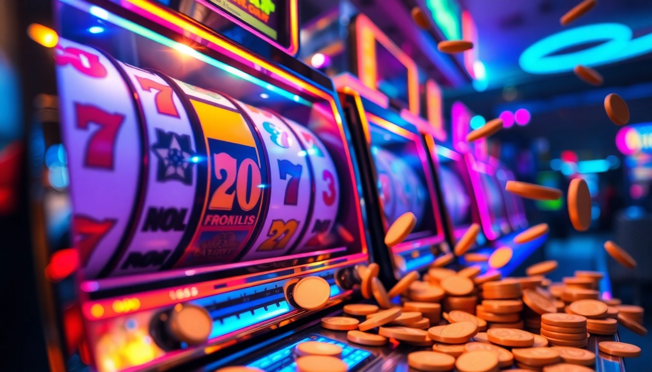 Spinning a slot machine for ปั่นสล็อตฟรี, showcasing vibrant colors and coins spilling forth.