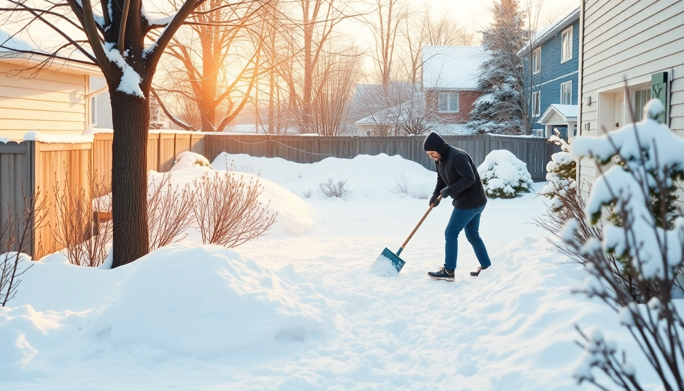 Snow removal in a winter backyard as a person clears a snow-covered path.