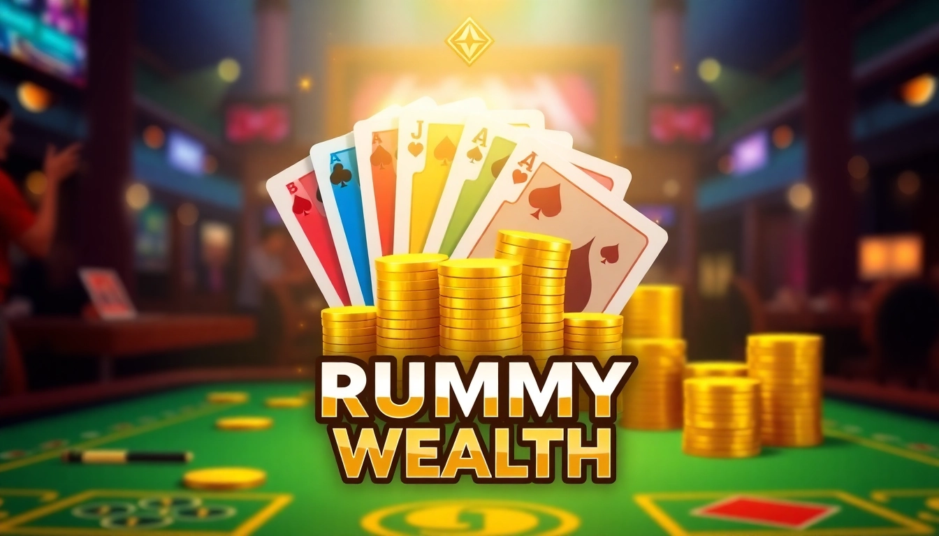 Play Rummy Wealth with colorful cards and an enticing background of coins and game tables.