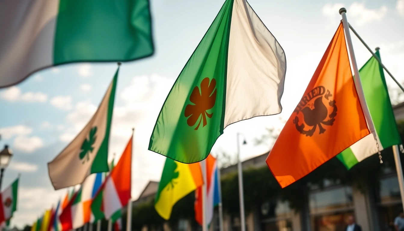 Design vibrant custom flags Ireland displayed in a sunny outdoor setting, showcasing diverse designs.