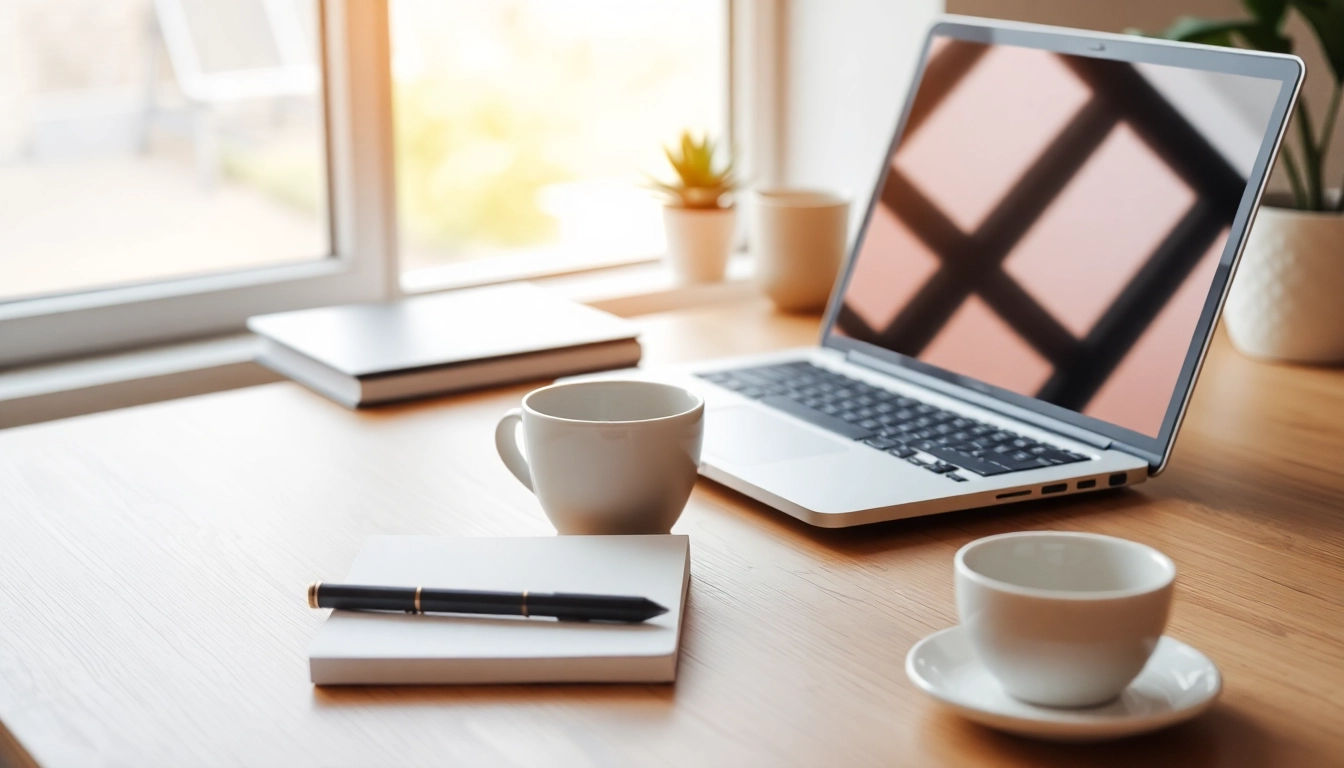 Utilize effective job research tools displayed on a clean workspace with a laptop and notepad.