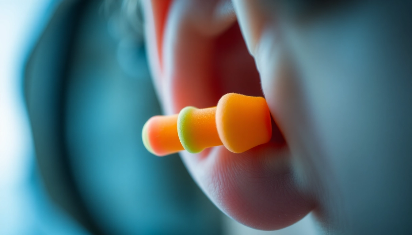 Inserting a comfortable ear plug in ear for noise reduction and comfort.