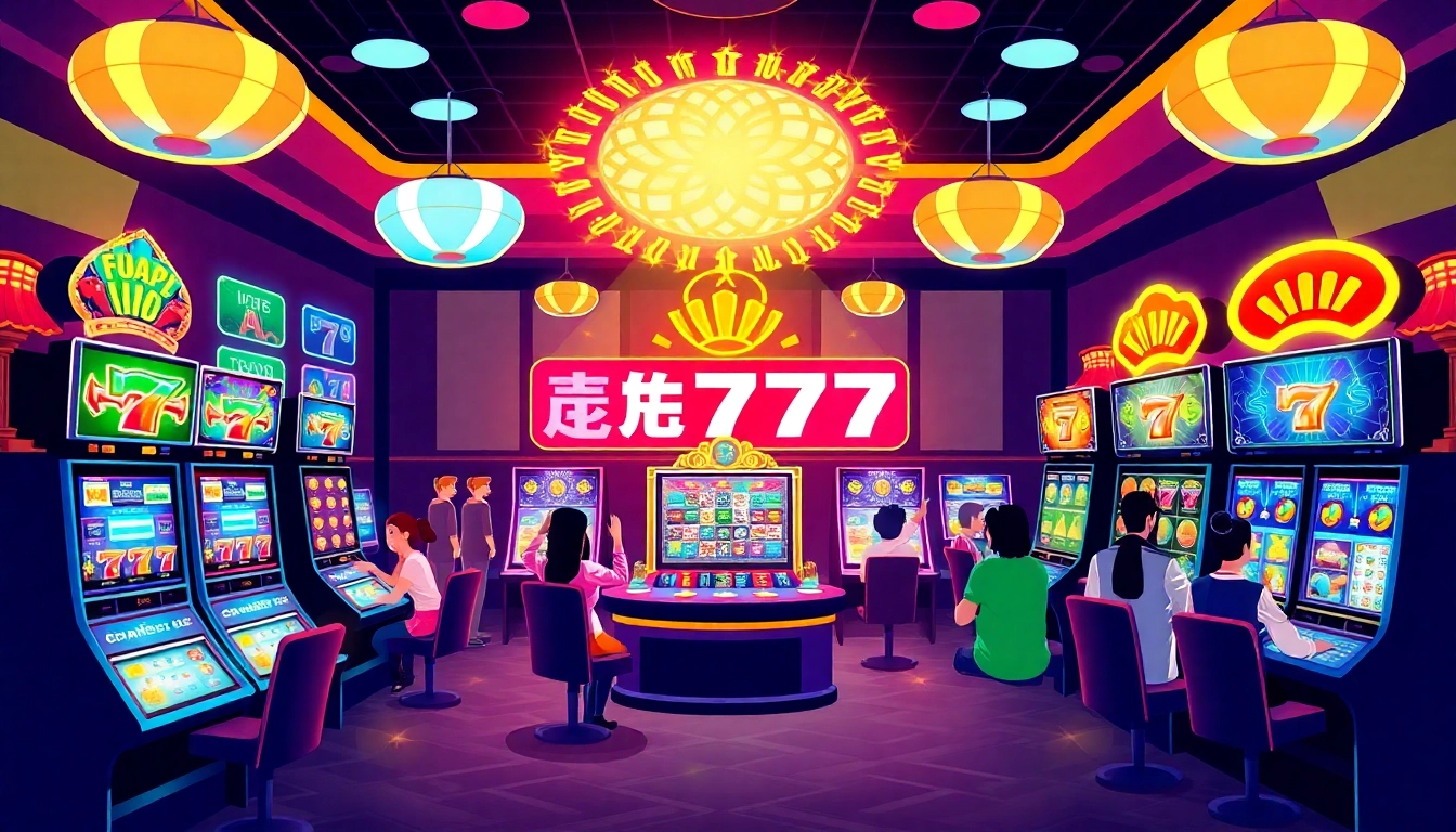 Enjoy thrilling สล็อต777 gameplay with colorful slot machines and excited players in an online casino.