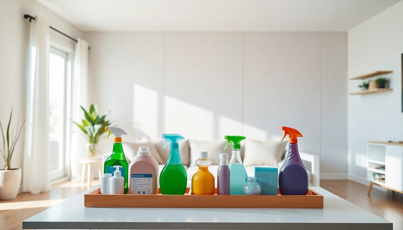 Cleaning company in Jacksonville showcasing professional cleaning supplies in a bright living room.