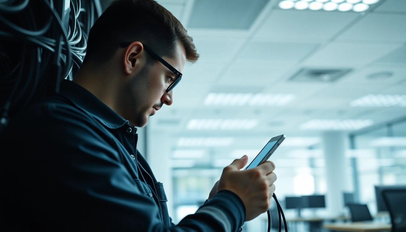 Expertly performing a Data Cable Installation service in an office environment to enhance network connectivity.