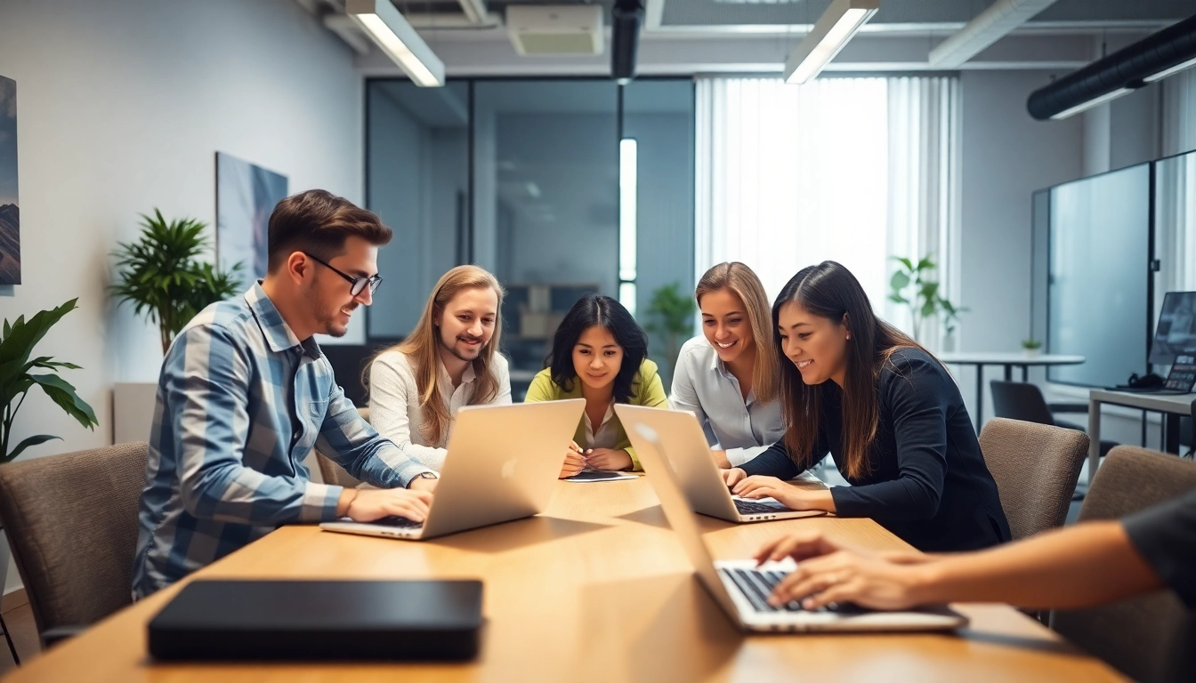 Team collaborating on outsourcing strategies in a modern office setting, enhancing productivity.