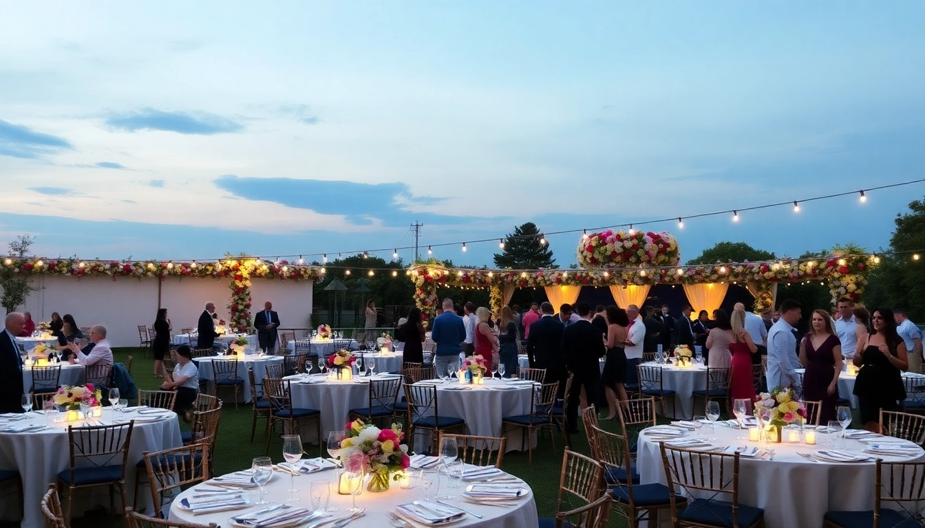 Set up a unique event with elegantly arranged tables surrounded by vibrant floral decorations featuring soft lighting.