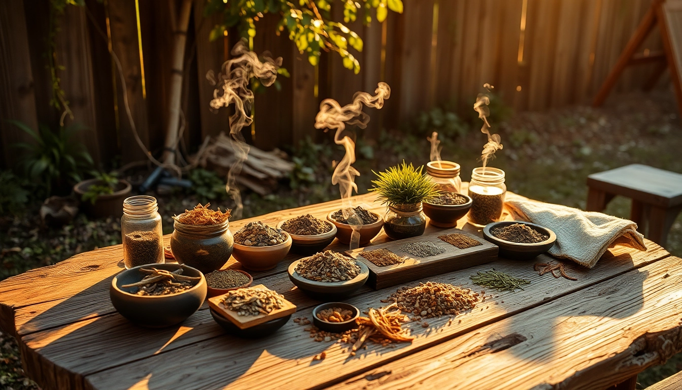 Prepare an alternative smoking blend with natural herbs displayed on a rustic outdoor table.