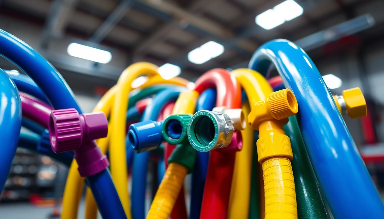 Inspect quality air hoses and fittings arranged in a professional workspace, highlighting their robust design and color variations.