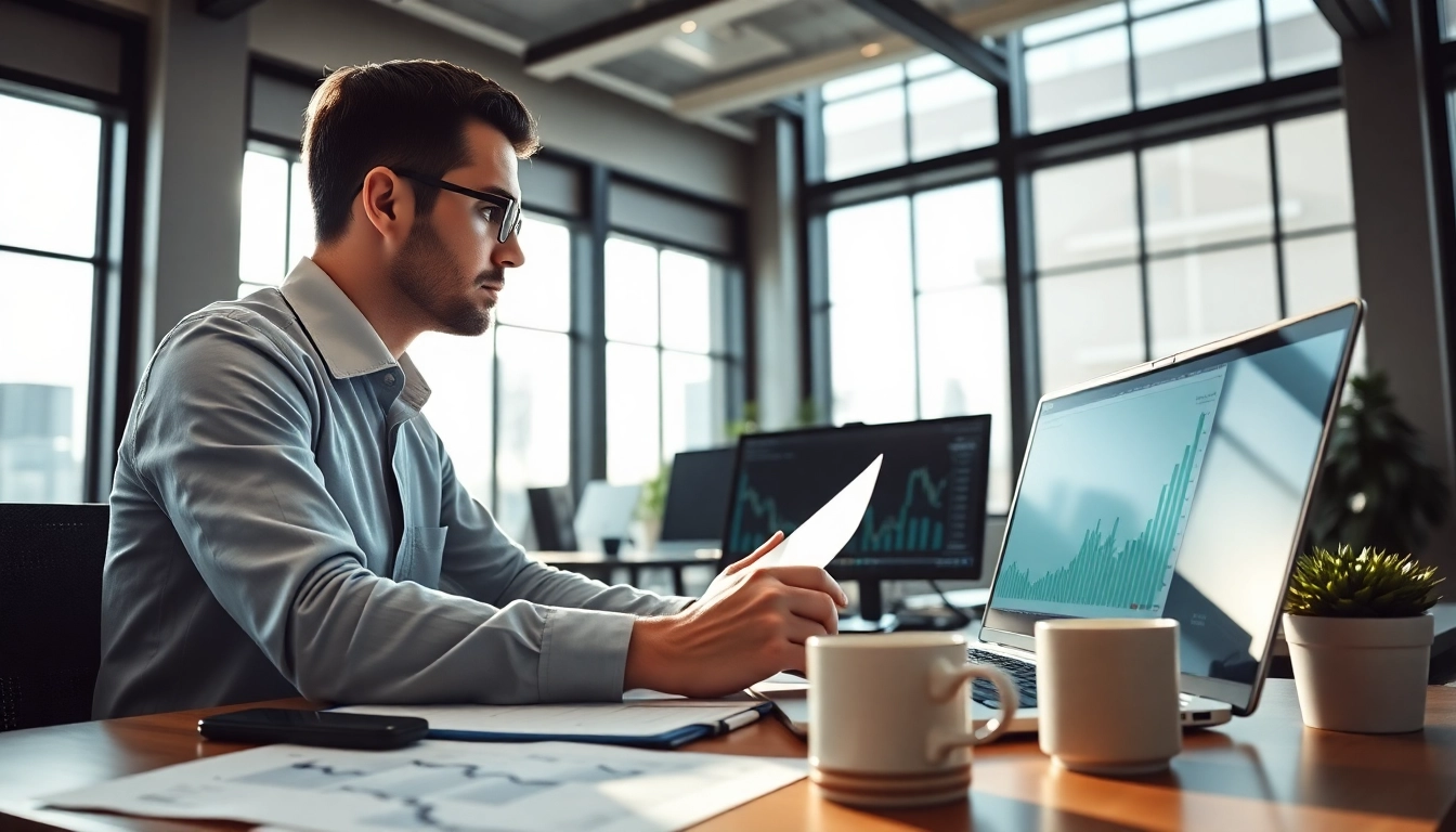Engaged analyst studying trade futures trends depicted through charts in a modern office.