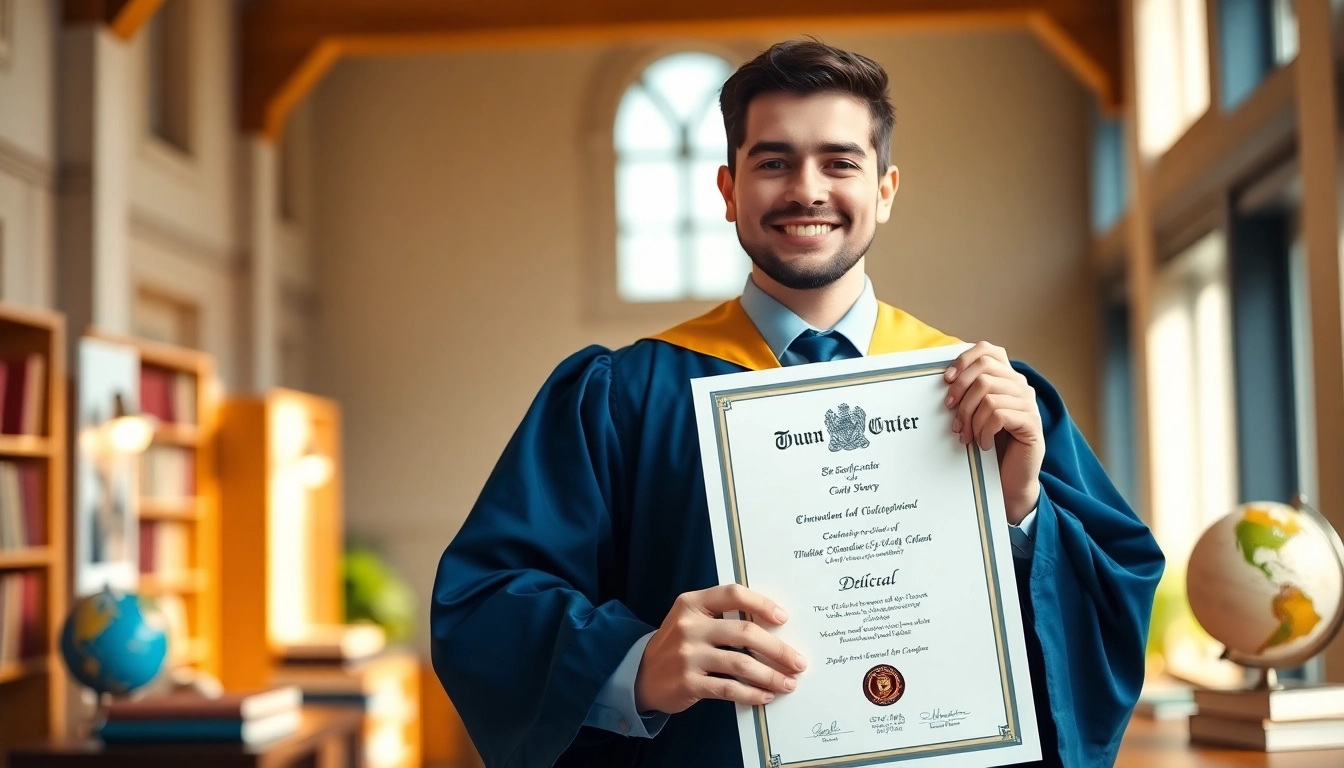 Proud graduate displaying their original university degree UK amidst an academic setting.