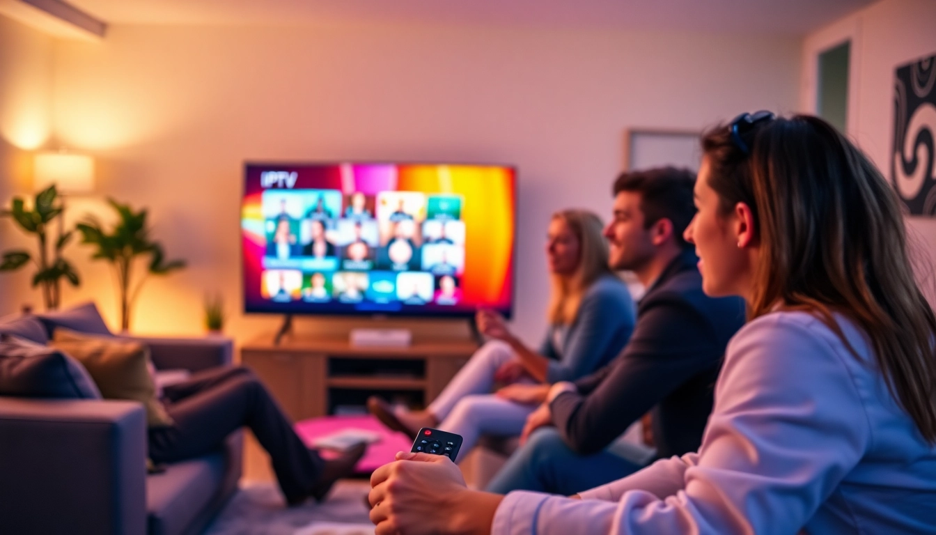 Viewers enjoying an IPTV test line experience on a modern TV setup in a cozy living room.