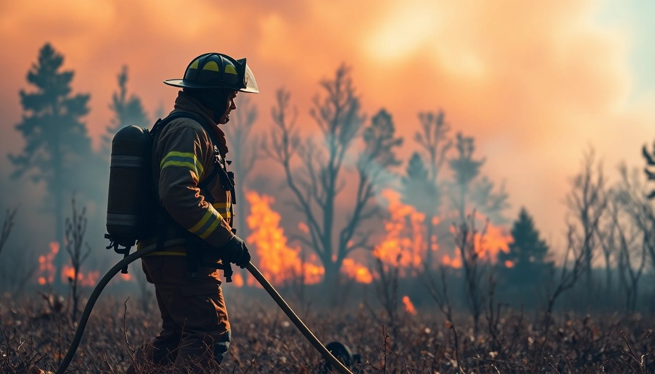 Firefighter battling wildfire events amidst towering flames and thick smoke.