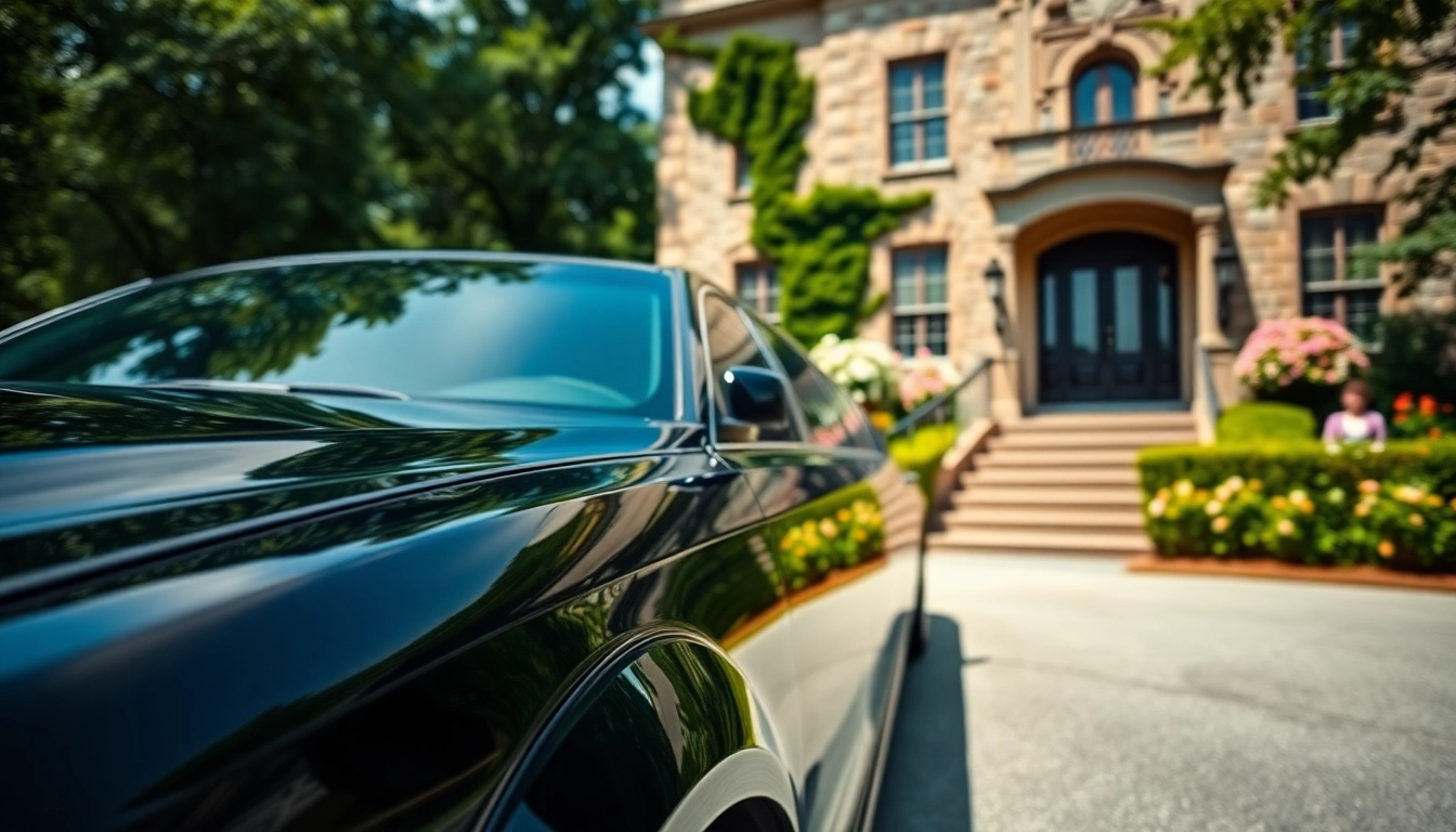 Experience premium macon limousine service with a luxurious vehicle next to a historic mansion.