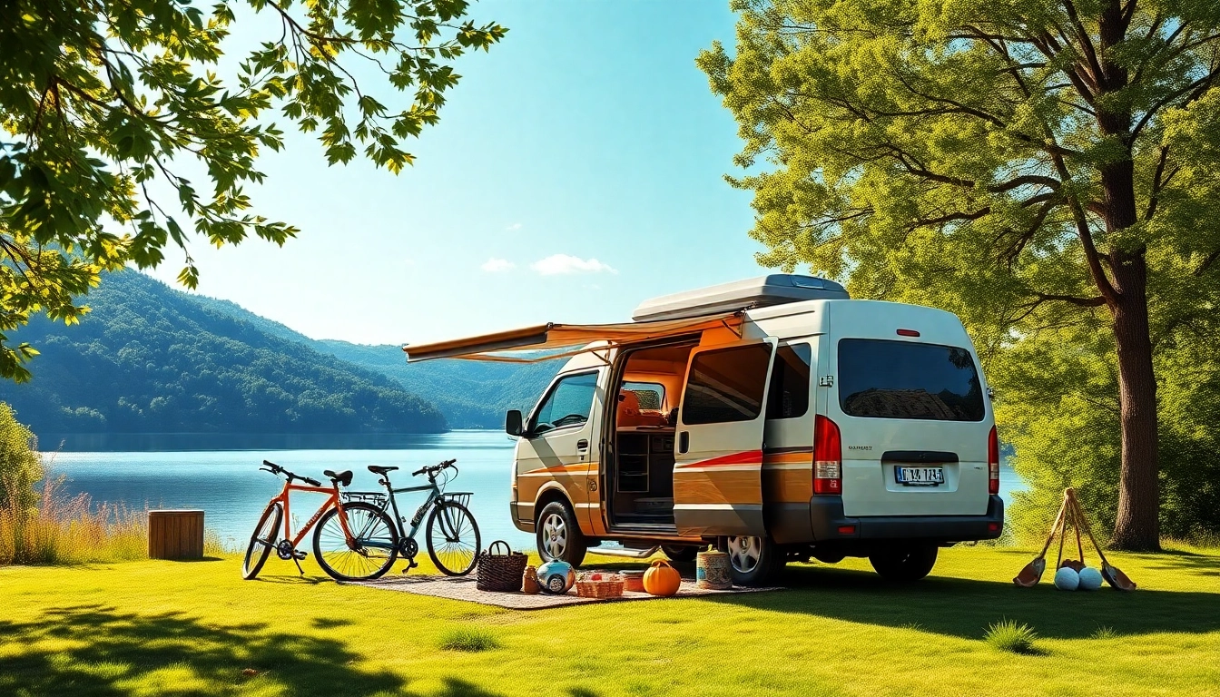 Showcasing the perfect campervan parked in nature, surrounded by scenic beauty and outdoor gear.