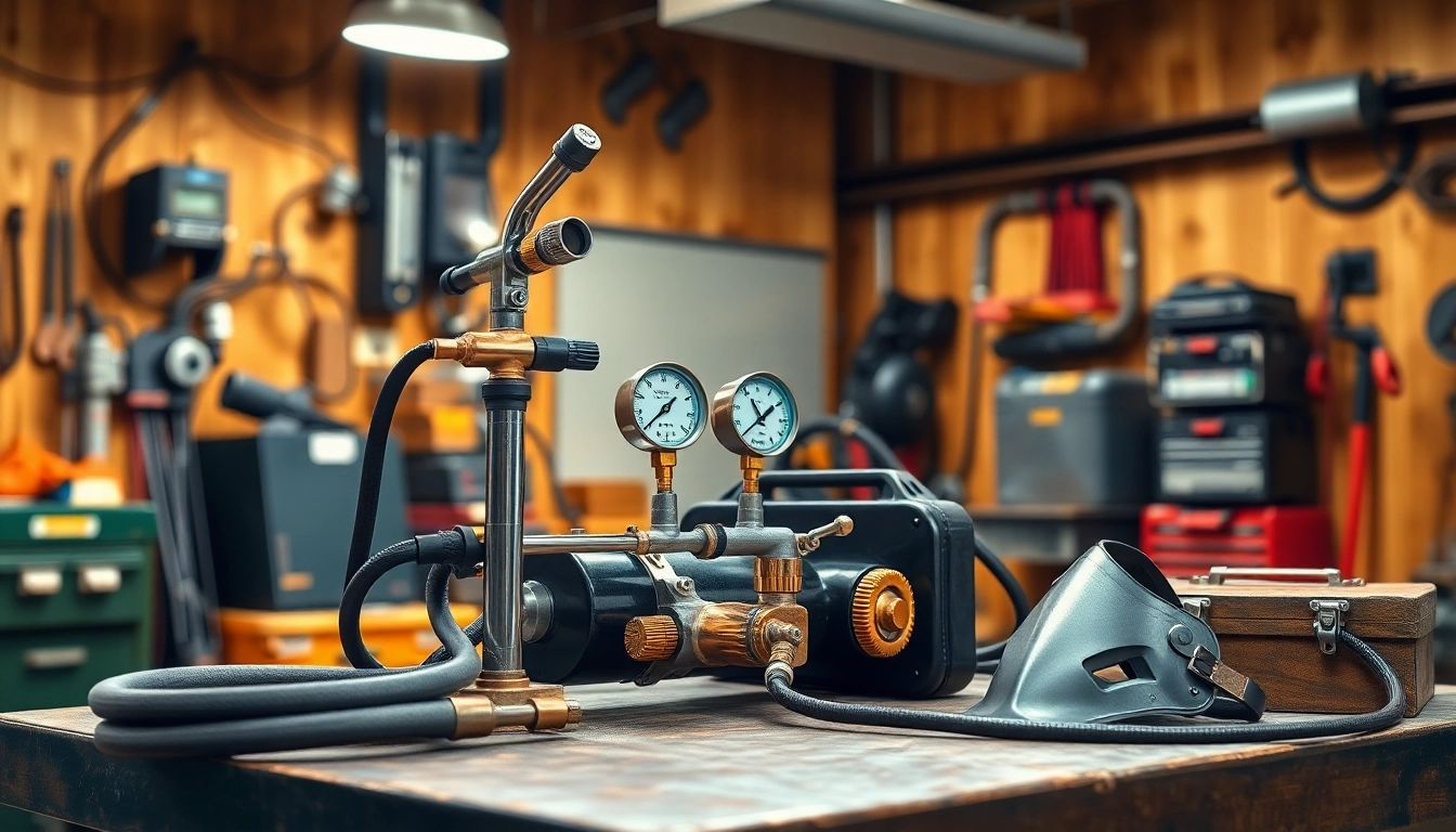 Showcase of an oxy acetylene welding kit, including torch and gauges, in a professional workshop.