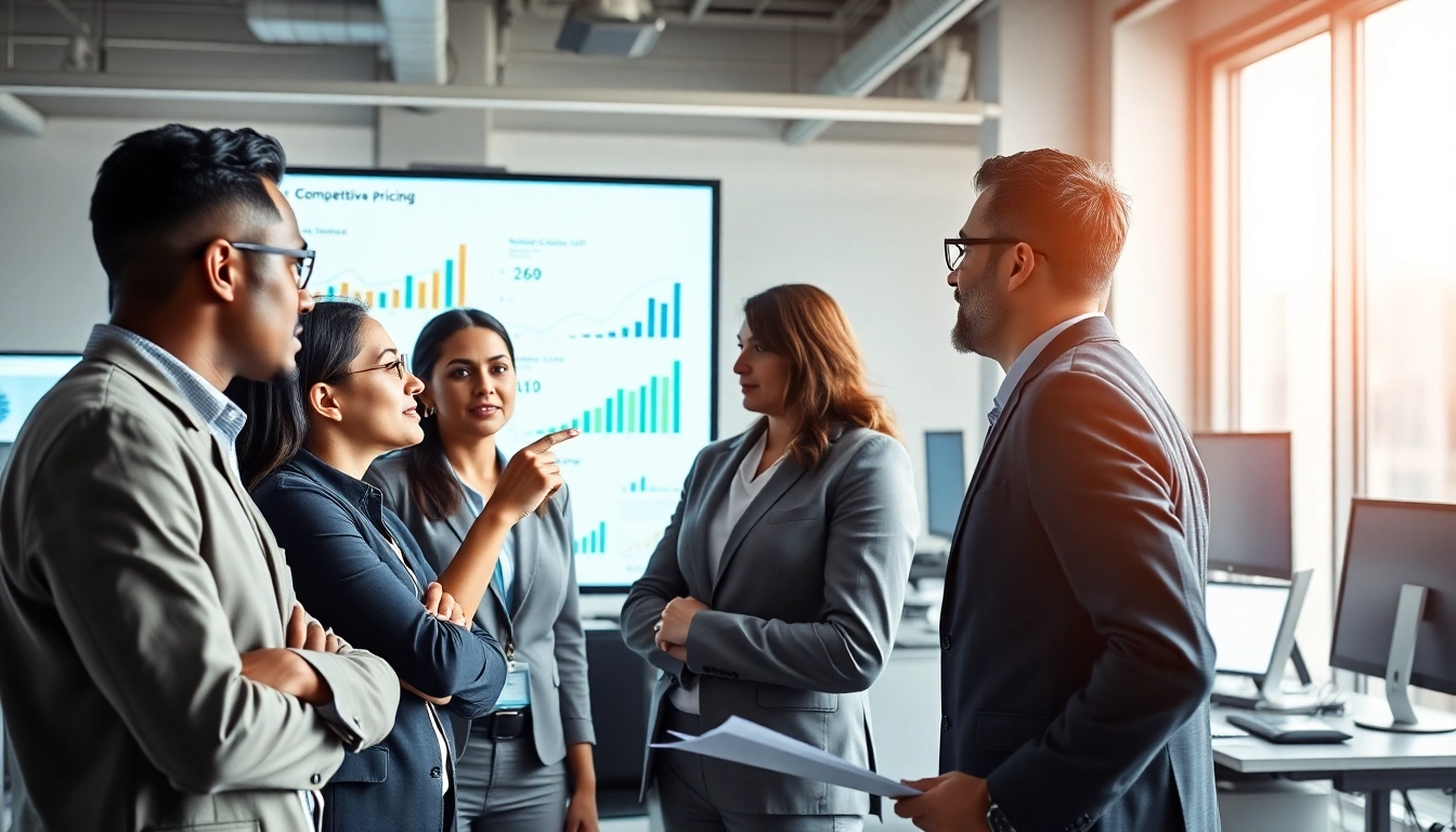 Engage in Competitor pricing research with business professionals analyzing data on a large screen.
