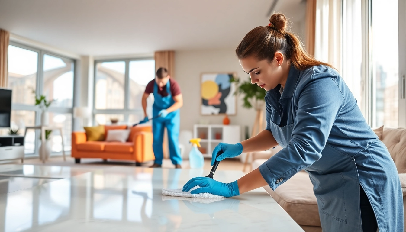 Cleaners providing bond cleaning brisbane service in a bright, immaculate apartment environment.