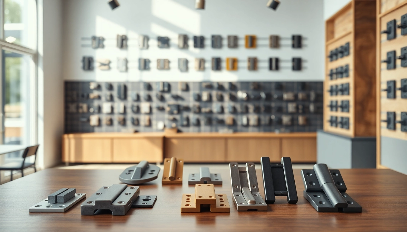 Showcase of innovative hinges by Hinge Supplier beautifully arranged in a modern showroom setting.