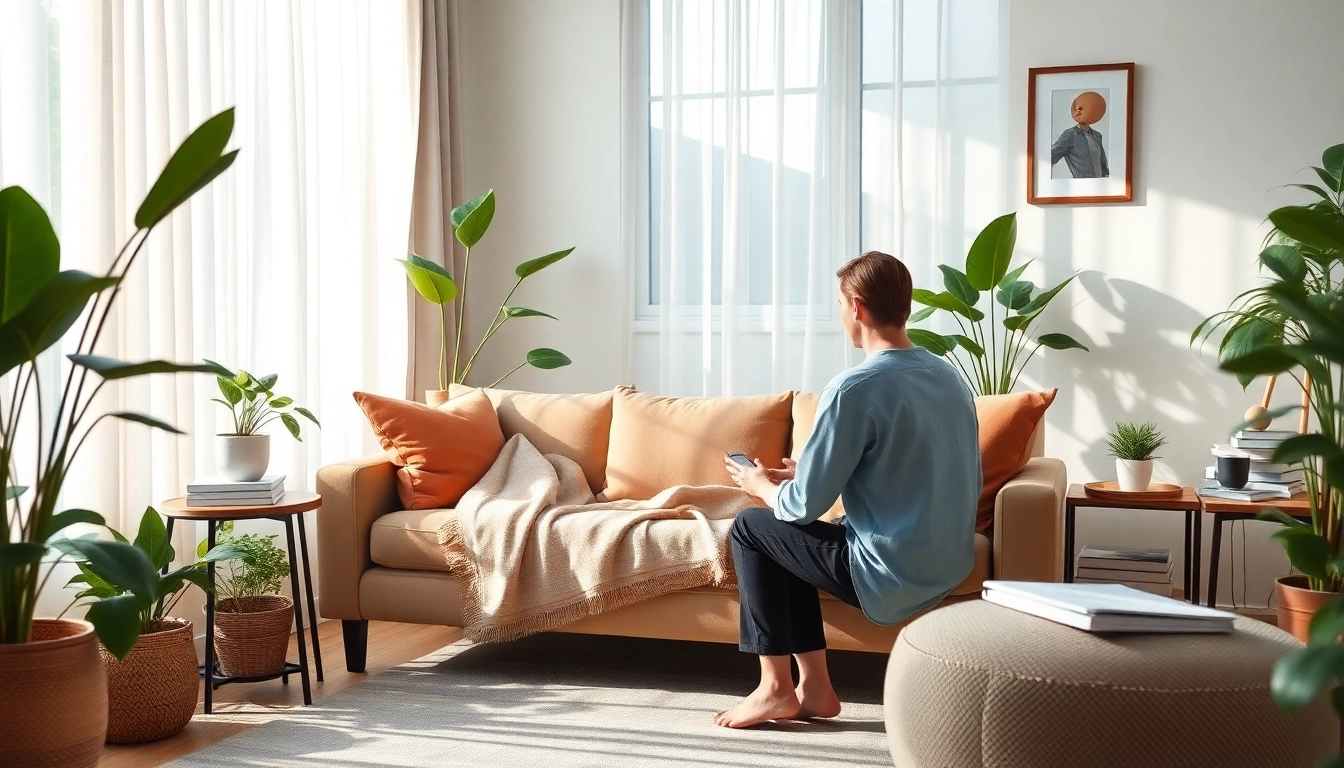 Person discussing strategies for dealing with anxiety in a calming therapist's office.