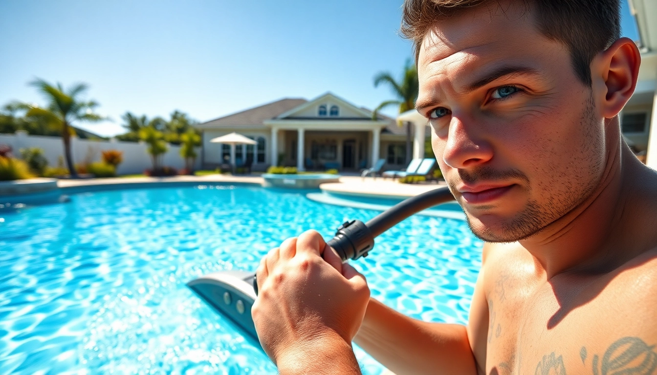 Pool service Largo expert cleaning a sparkling residential swimming pool.