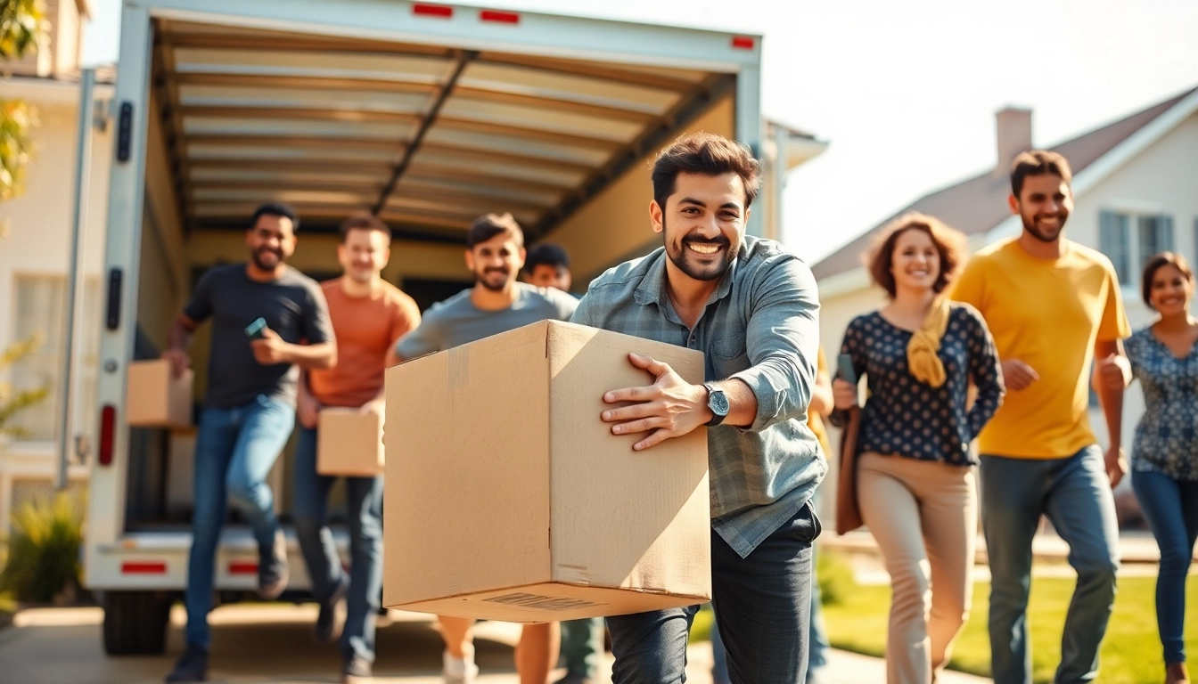 House moves featuring movers actively transporting boxes in a bright suburban setting.
