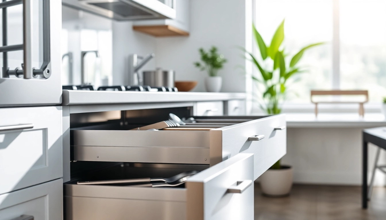 Showcasing a modern Metal Drawer System in a bright kitchen environment, highlighting organization and quality.