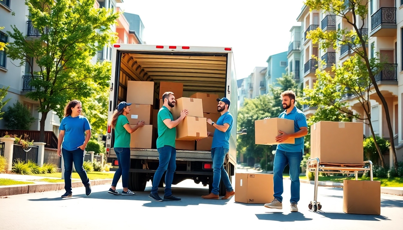 Affordable and friendly Cheap movers loading boxes into a truck in a vibrant urban environment.
