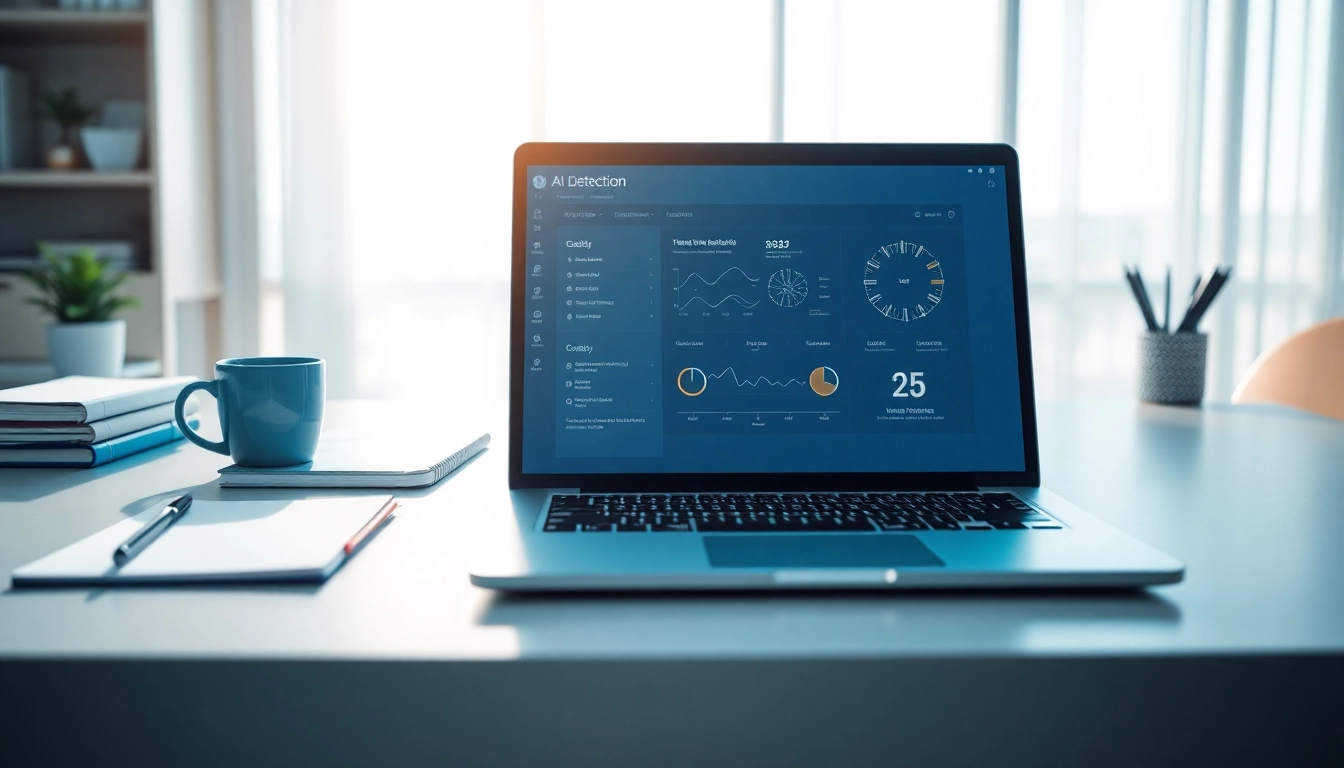 Analyze AI detection results on a sleek laptop in a modern workspace