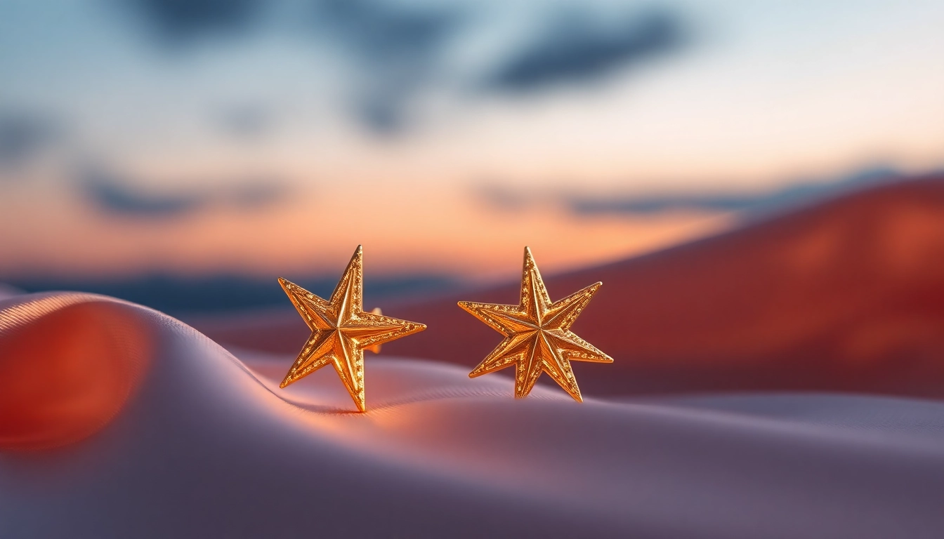 Showcase of Earrings Gold Stars featuring intricate details and soft silk background