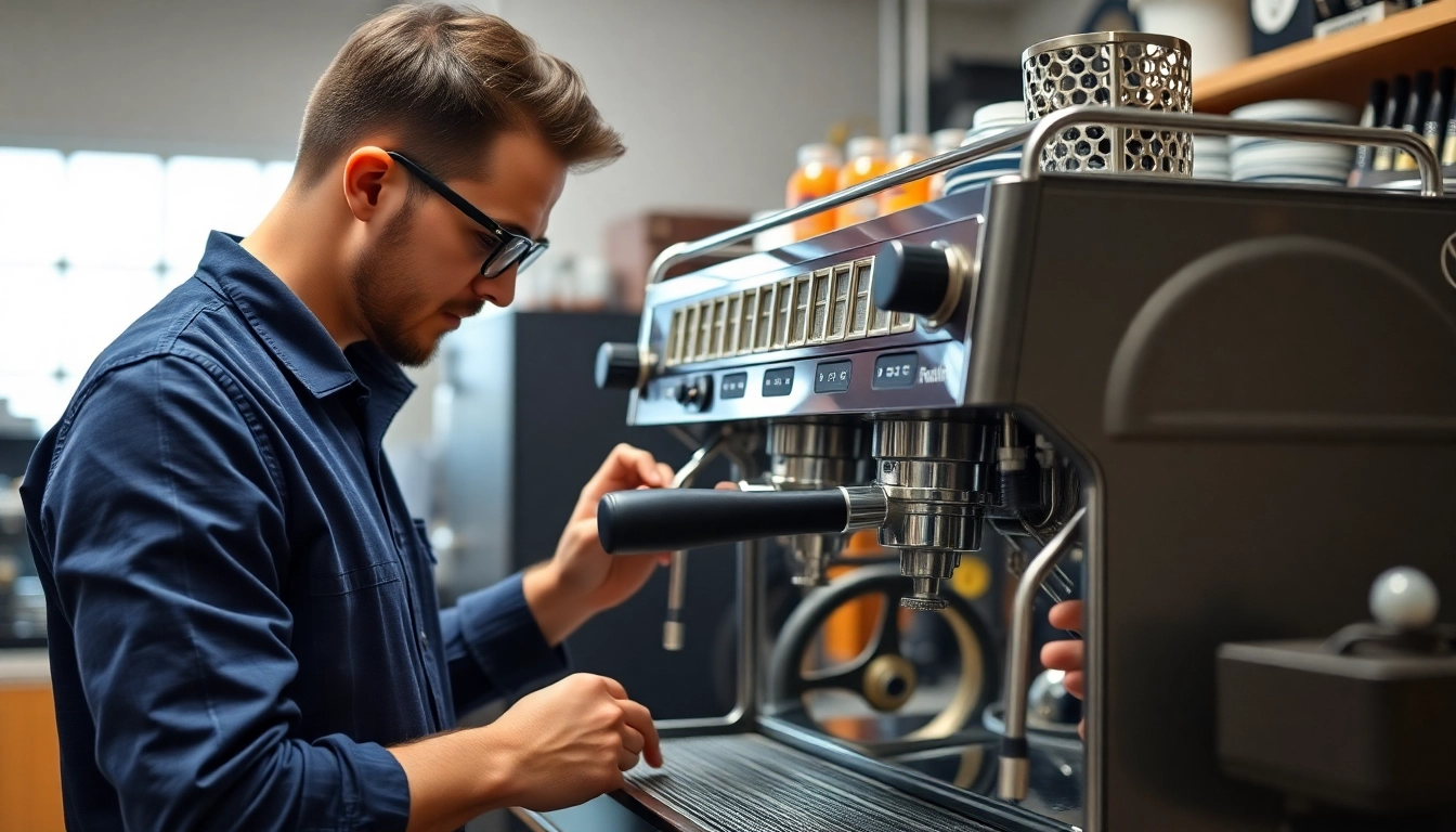 Cimbali service technique performed by an expert technician on an espresso machine in a workshop.