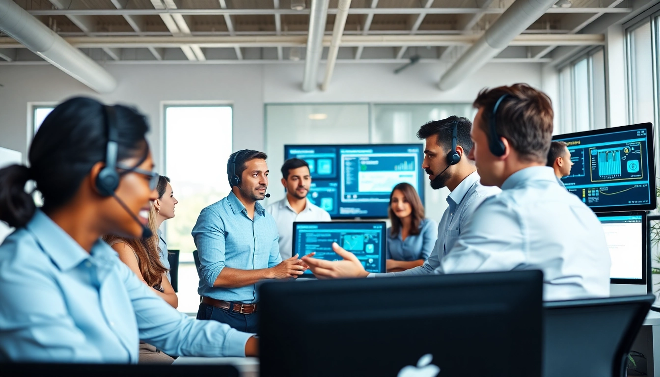 Engaged helpdesk support team collaborating in a modern office environment.