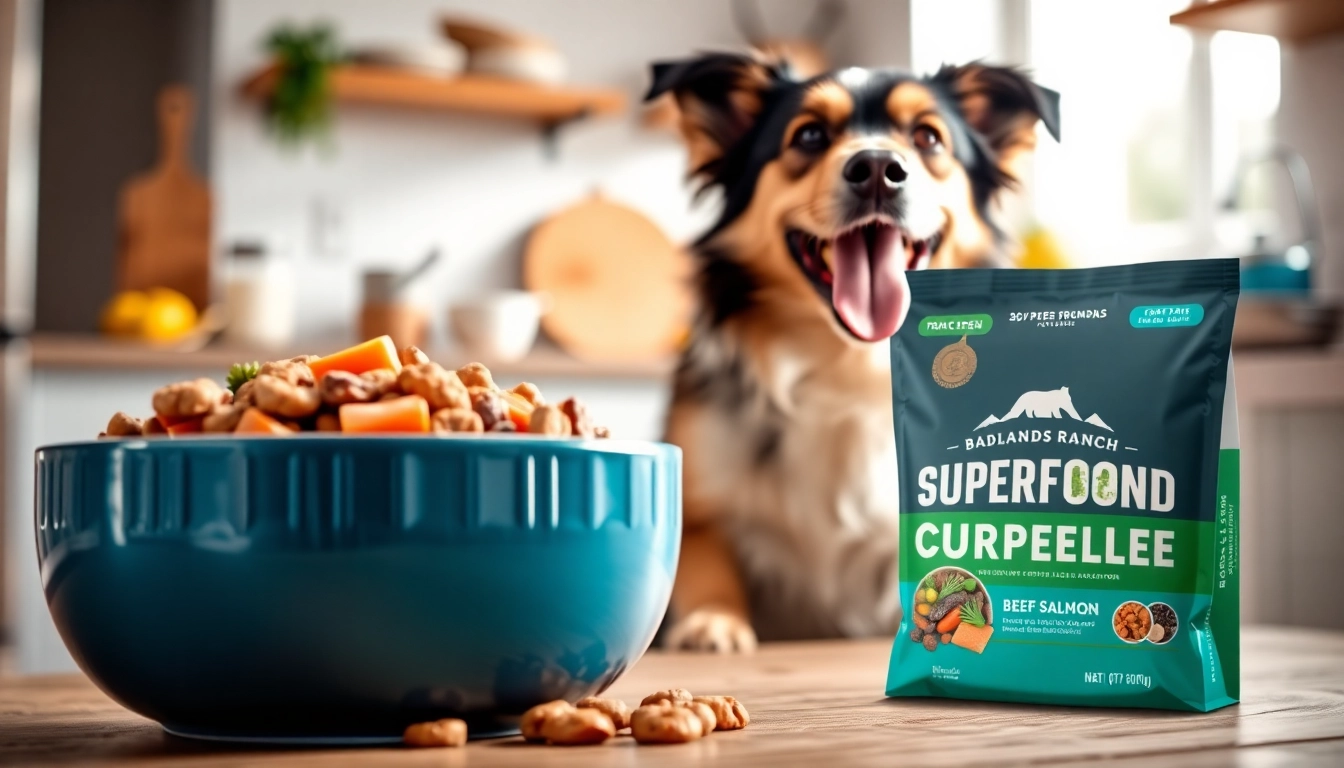 Dogs enjoying badlands ranch superfood complete in a clean kitchen setting with fresh ingredients.