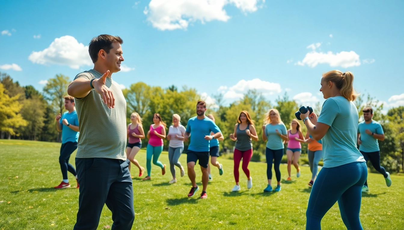 Motivated group in a weight loss exercise program led by a trainer outdoors.