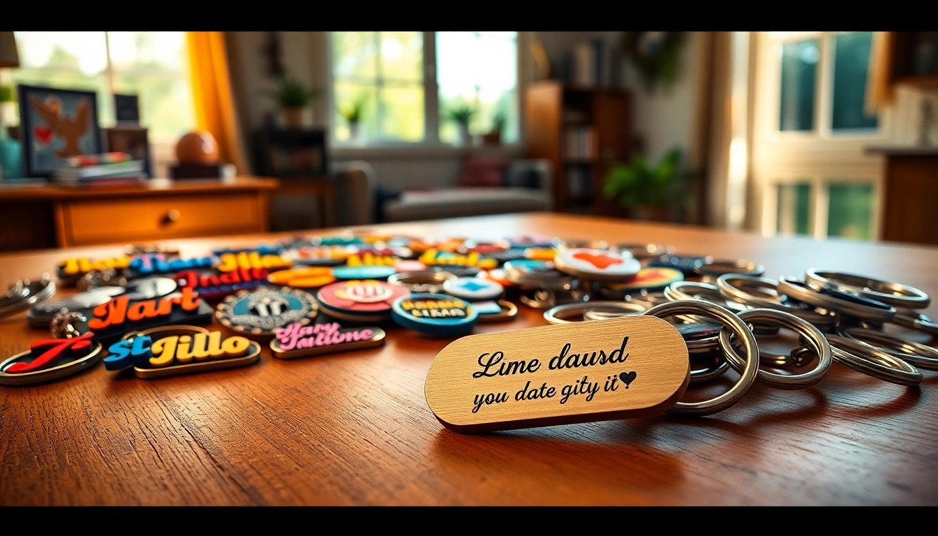 Customize eye-catching personalized keychains in various styles and designs featured on a lively display.