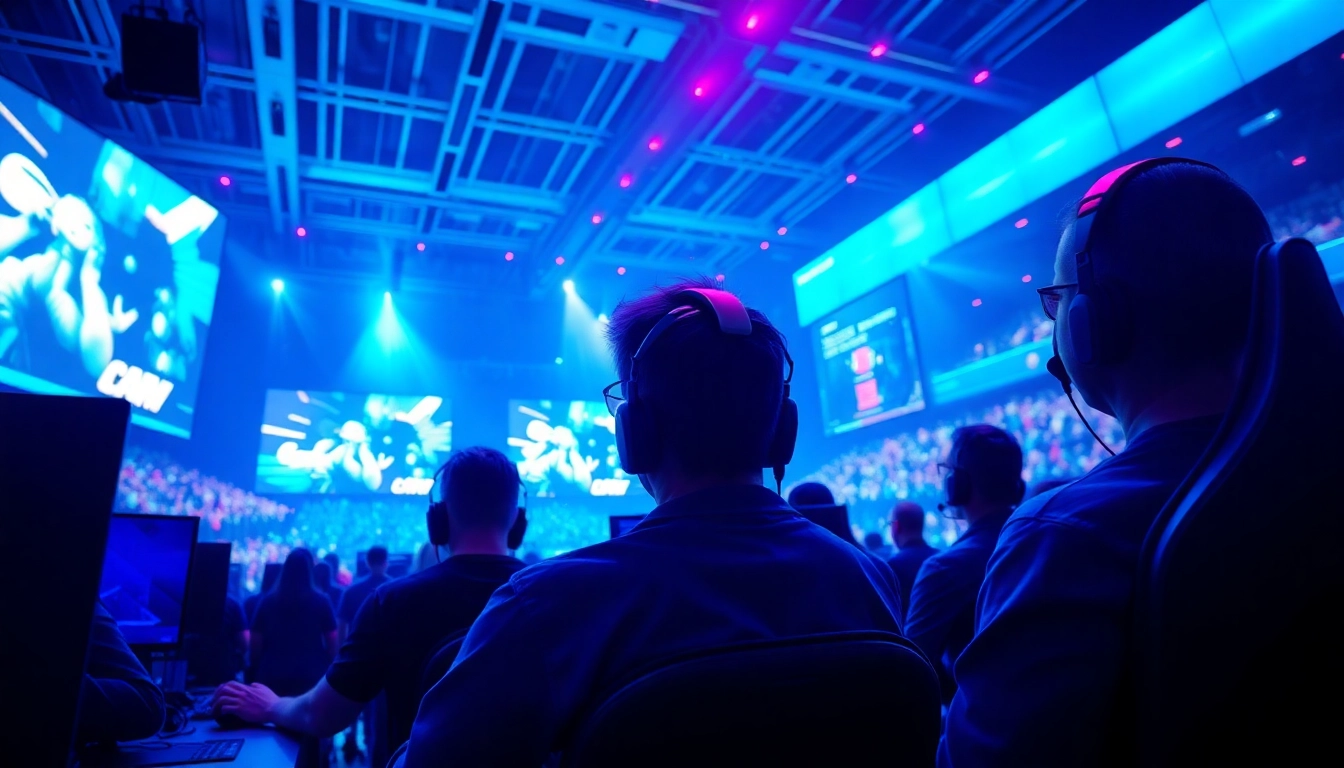 Bermain game online dengan semangat di arena digital modern yang penuh sorakan dan cahaya neon.