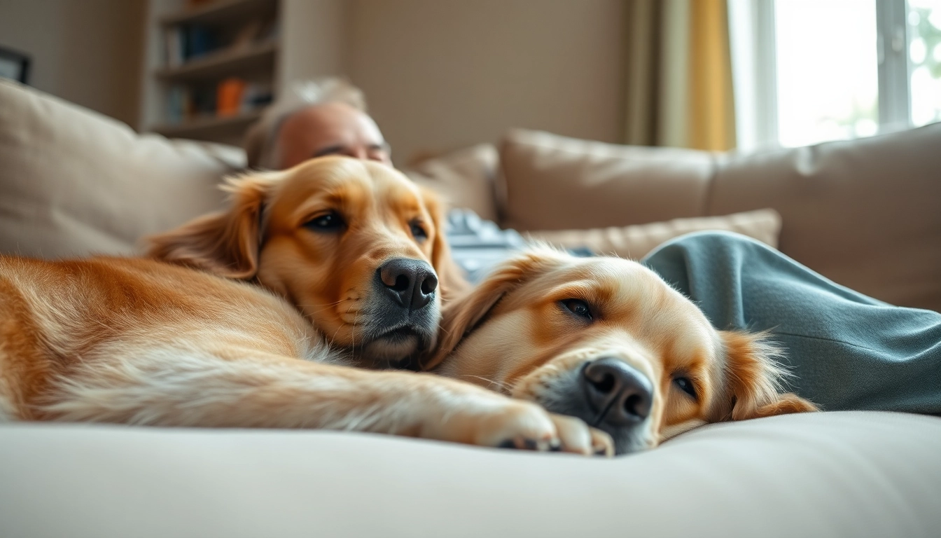 PTSD dog resting beside its calm owner, portraying the deep bond of companionship and support.