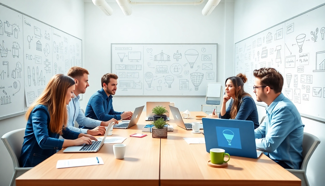 Funnel Builders collaborating in a bright, modern office with creative sketches.