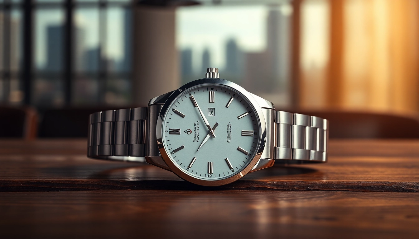 Herren Armbanduhren elegant am Holztisch platziert, mit römischen Ziffern und weichem Licht.
