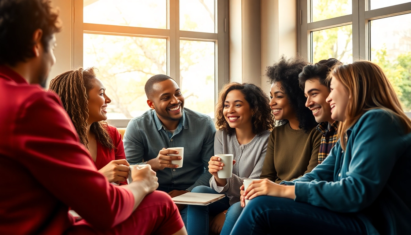 Group of friends practicing communication in relationships at a cozy café setting.
