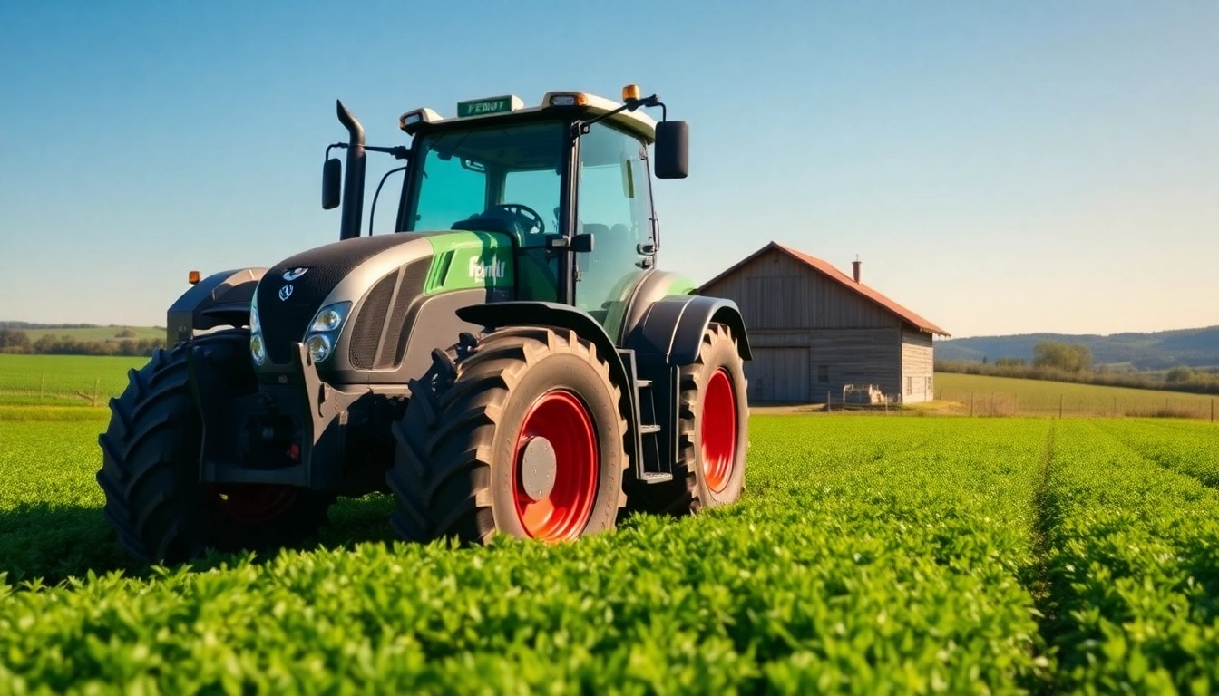 Fendt Traktor in einem malerischen Landschaftsbild präsentieren, große ländliche Effizienz.