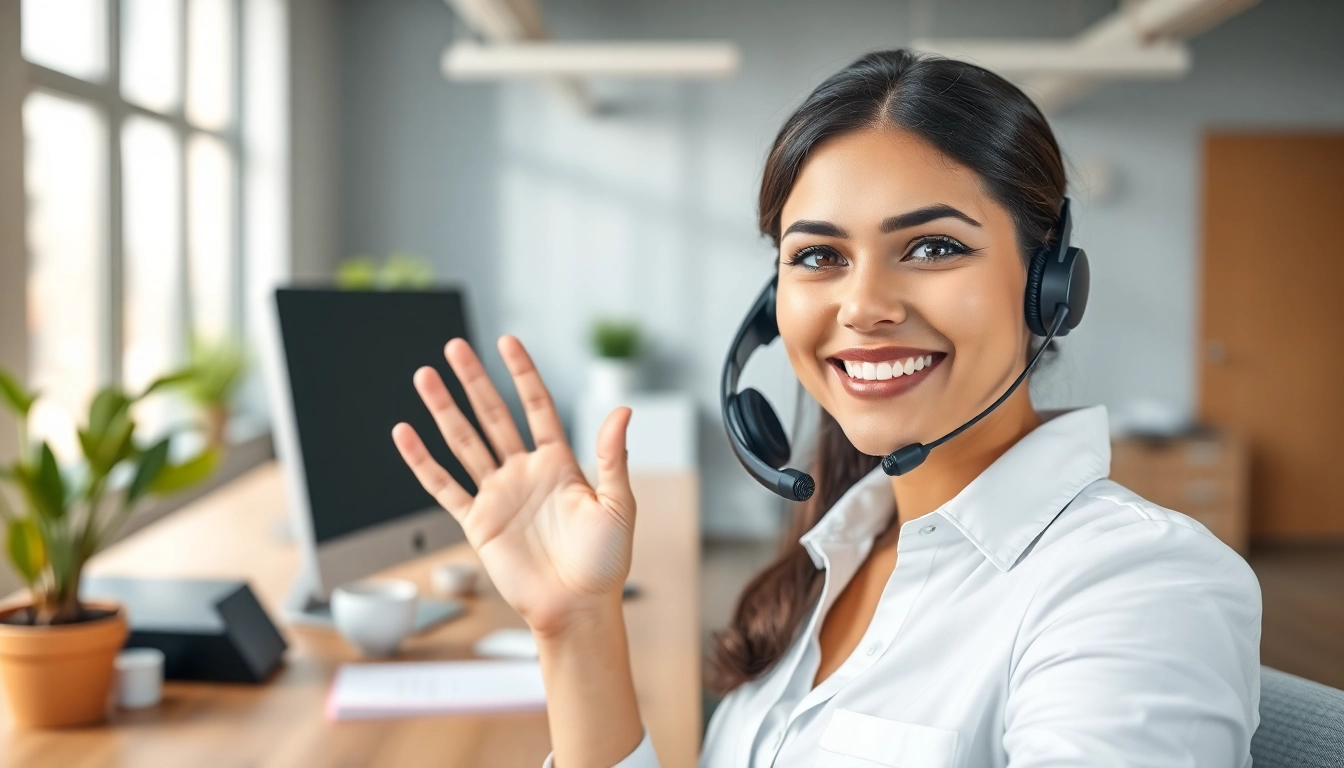 Engaging virtual answer service receptionist managing calls in a modern office setting.