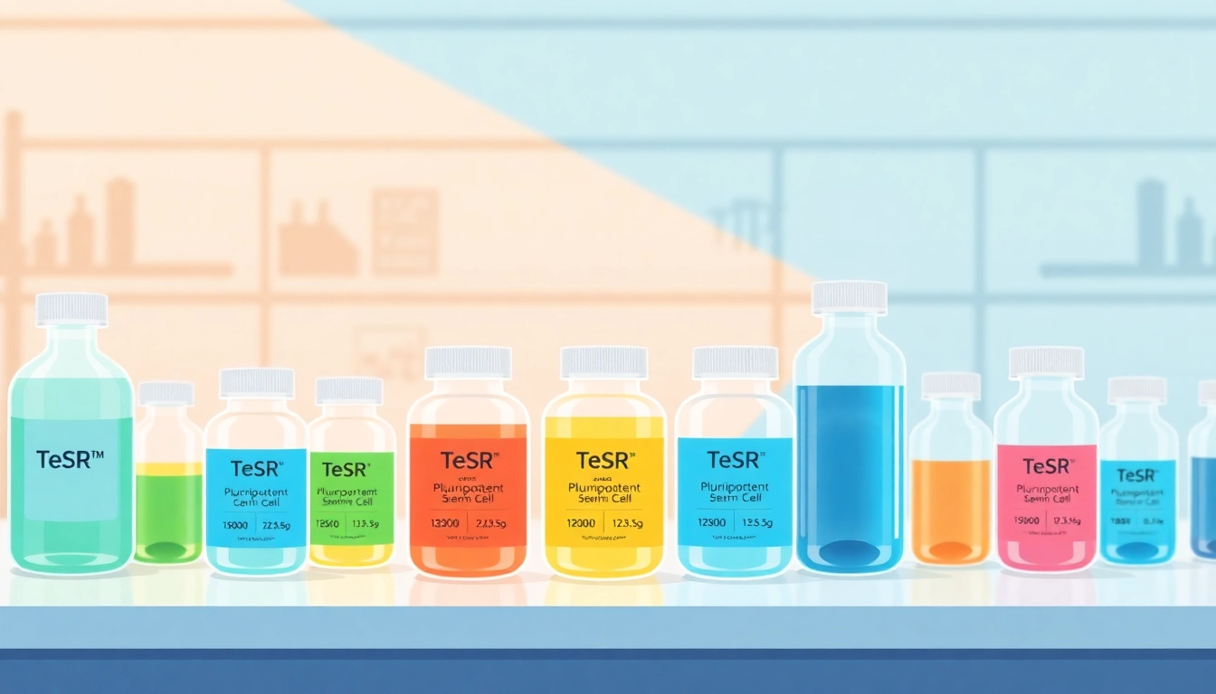 Label all check on TeSR™ pluripotent stem cell media containers displayed in a scientific lab environment.