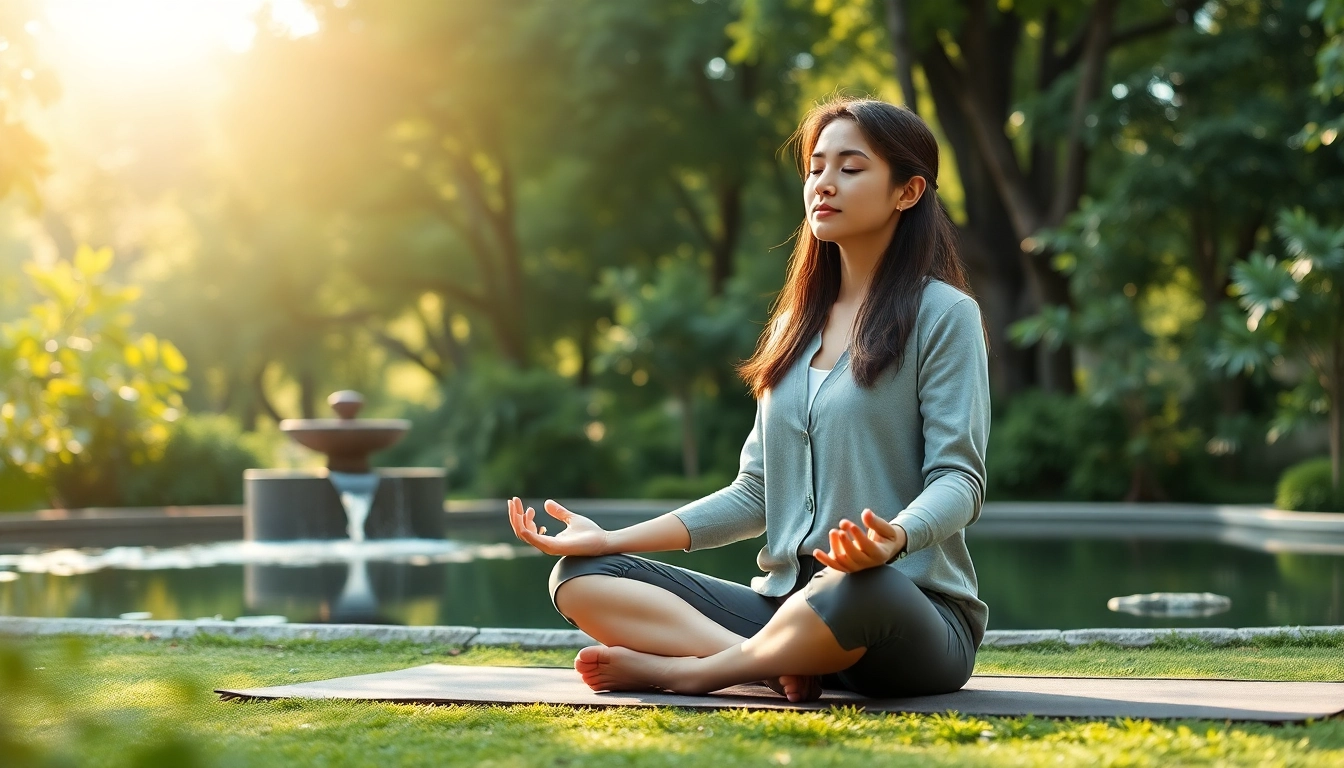 Practicing mindfulness outdoors for dealing with stress with a calm and serene expression.