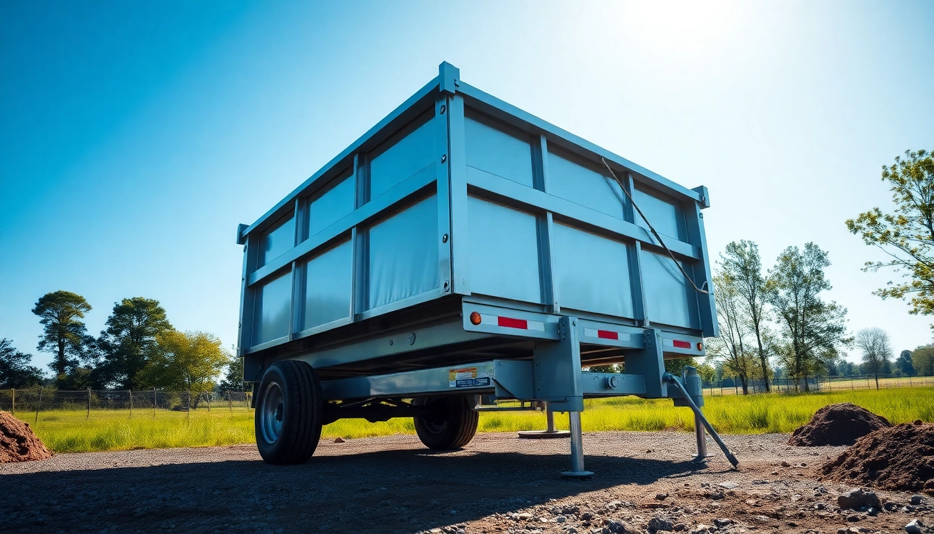 Shop for a durable dump trailer for sale near me set against a serene backdrop with construction materials.