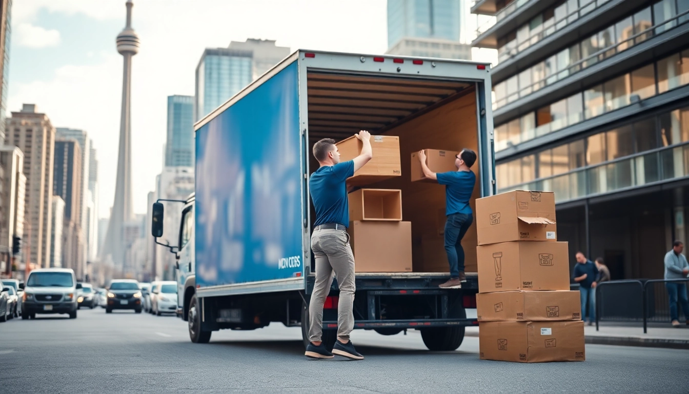 Movers Toronto team efficiently loading items into a moving truck surrounded by urban cityscape.